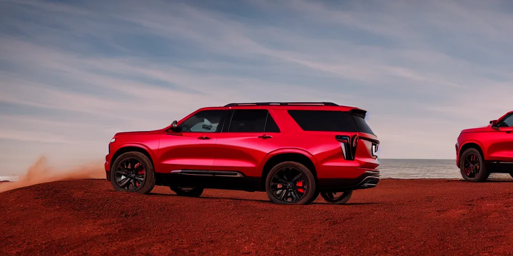 Prompt: A red SUV inspired by a 2022 Ford Explorer and 2022 Chevrolet Tahoe, driving along Pacific Coast Highway, golden hour, auto photography, action shot