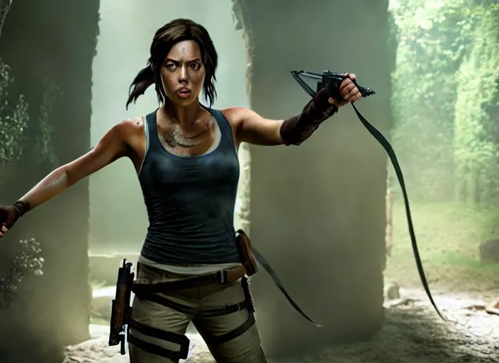 Image similar to film still of aubrey plaza as lara croft in new tomb raider movie, 8 k