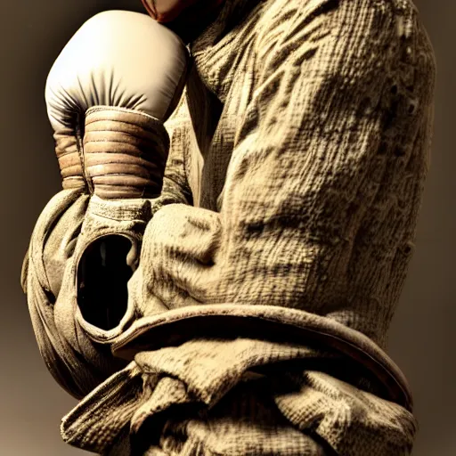 Image similar to a beautiful sculpture of a man made with old textile and boxing gloves, epic lighting, cinematic composition, hyperrealistic, 8 k