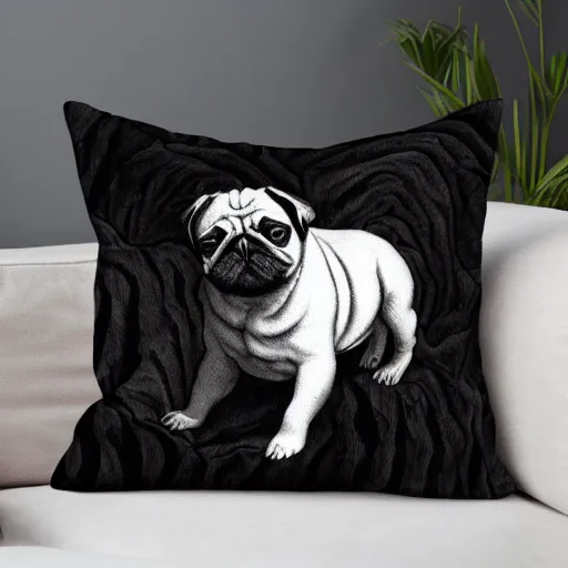 Prompt: adorable pug who is sleeping on a pillow made of dry leaves in a dark forest, detailed illustration in dotted, black and white, in the style of gustave dore's dante's inferno