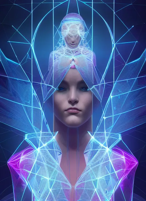 Image similar to symmetry!! holograms overlayed, tranparent 3 d graphics, water, hybrids, tech wear, scifi, glowing lights!! intricate elegant, highly detailed, digital painting, artstation, concept art, smooth, sharp focus, thin glowing wires, illustration, art by artgerm and greg rutkowski and alphonse mucha