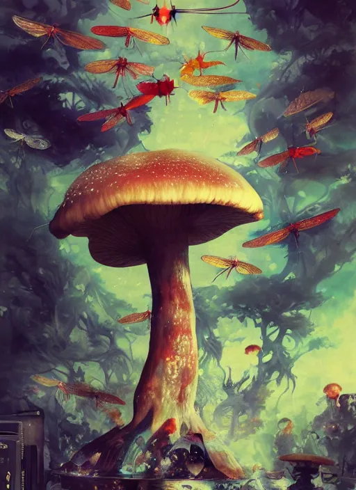 Image similar to surreal gouache painting, by yoshitaka amano, by ruan jia, by Conrad roset, by good smile company, detailed anime 3d render of a wild mushroom Surrounded by magical Dragonflies and a big DJ Mixer, deck, portrait, cgsociety, artstation, rococo mechanical and Digital and electronic, dieselpunk atmosphere