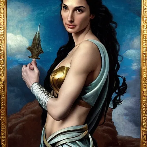 Prompt: Full body oil painting of the beautiful goddess Gal Gadot as Atenea, she is wearing roman clothes and a surreal jewelry, her hair is natural disheveled, she is approaching heaven over the clouds, naturalism, dramatic lighting, high-detailed oil painting by Ilya Repin, Michelangelo da Caravaggio, William Blake, Alex Grey and Beksinski, trending on Artsation, hystorical painting, naturalism, masterpiece, 4k, 8k,