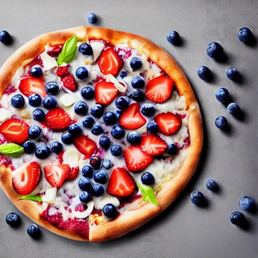 Image similar to a pizza of blueberries, strawberries and coconut, realistic photo, studio photo, professional photo, commercial photo, hdr, trend in artstation