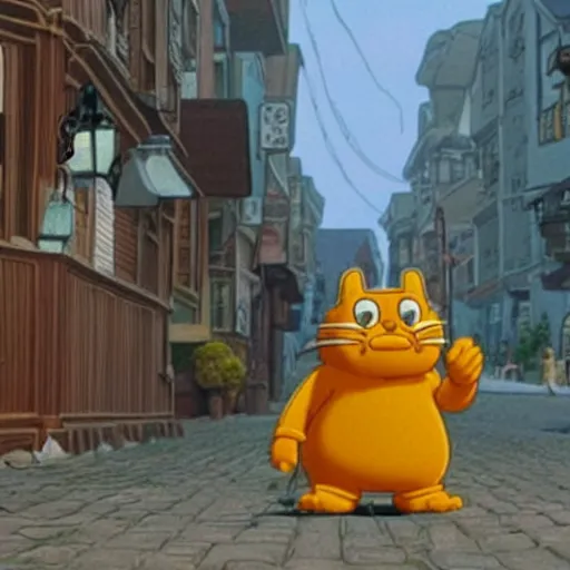 Prompt: a still of garfield in spirited away ( 2 0 0 1 )