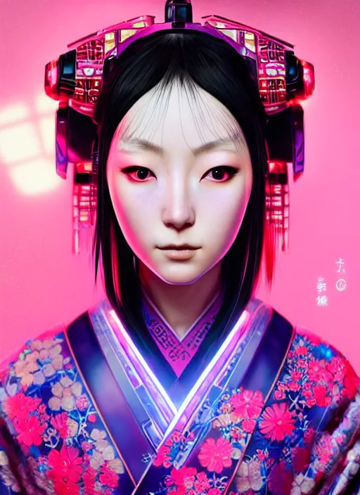 Prompt: portrait of female japanese android in elaborate kimono dress, wearing a vr headgear, hologram hovering around her, intricate detail, cyber neon lighting, highly detailed, digital photography, artstation, glamor pose, concept art, art by artgerm and greg rutkowski, pinterest, artstation,