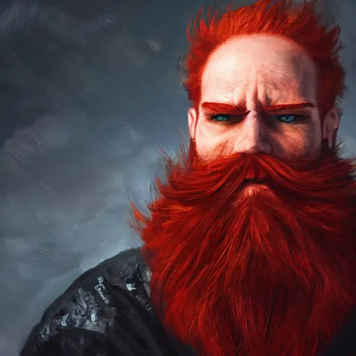 Image similar to grumpy red haired man with red beard, wearing black coat, fire behind him, oil painting, fantasy artwork, fantastic artwork, 4 k, trending on artstation