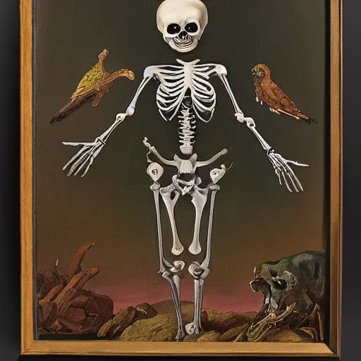 Prompt: painting of a dead soul tryptic with the strangest beasts and birds and faces all designed to lead up to a beautiful female cyborg skeleton like body standing with a disproportionately sized head grinning detestably