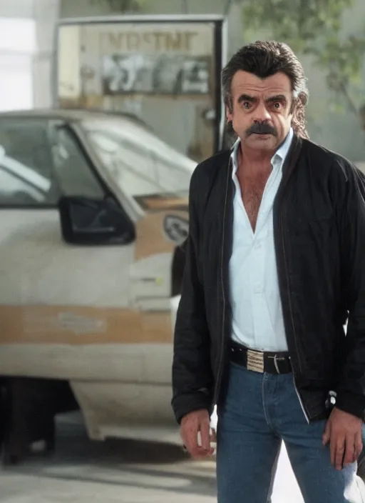 Image similar to film still of Rowan Atkinson as Martin Riggs in Lethal Weapon, 4k