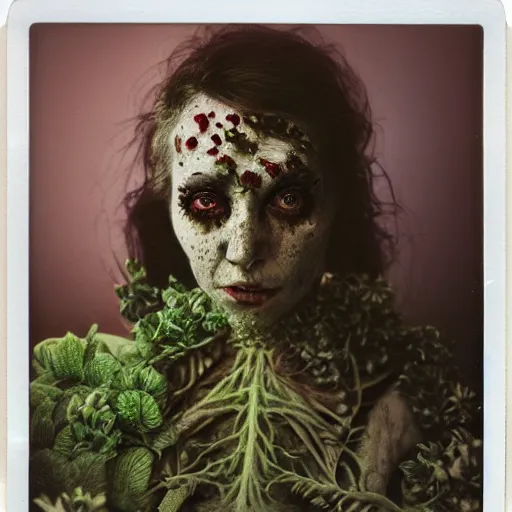 Image similar to a beautiful detailed front view portrait of a rotten woman corpse with fractal plants and fractal flowers growing around, volumetric light, beautiful lit, polaroid photography