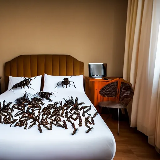 Image similar to a hotel room with a bed covered in beetles, bugs, worms and flies, bug, beetle, hotel, bed, pests, biosecurity, canon eos r 3, f / 1. 4, iso 2 0 0, 1 / 1 6 0 s, 8 k, raw, unedited, symmetrical balance, wide angle