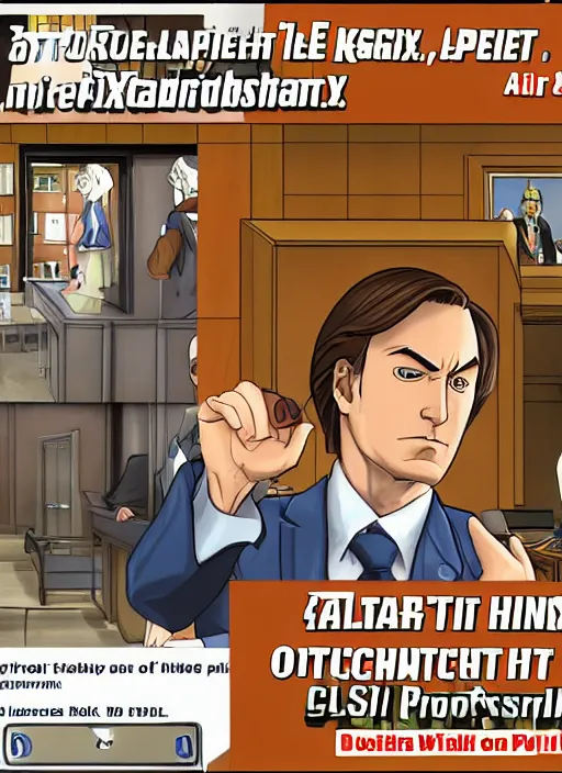 Image similar to portrait of saul goodman as phoenix wright in court, objection, phoenix wright ace attorney screenshot, nintendo ds screenshot