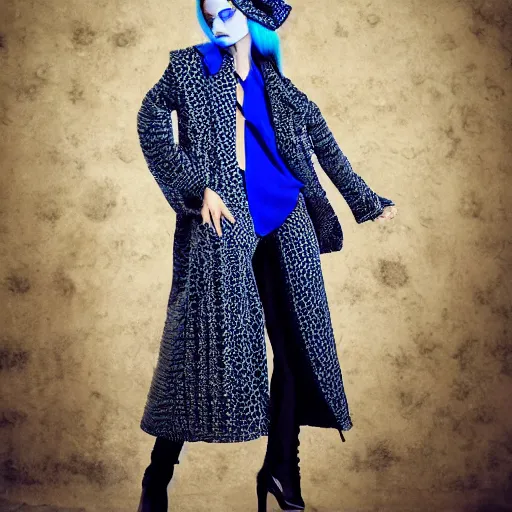 Image similar to fashion 2 0 5 0 fantastic openwork long coat with intricate pattern on a beautiful symmetrical girl with blue hair, hyper realistic photos