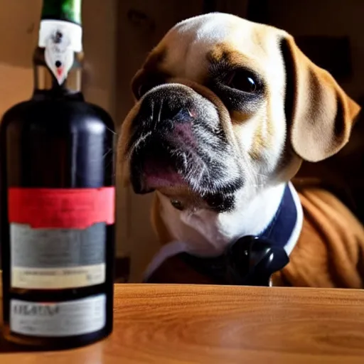 Prompt: photo of a drunk dog with a bottle of whisky, file photo, united press international