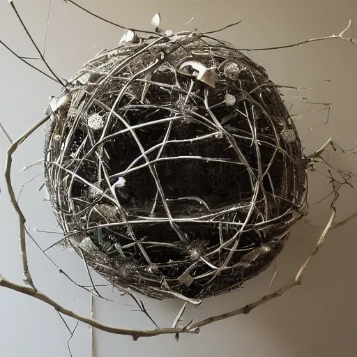 Prompt: a silver sphere backlit in an oil like texture with a wreath made of twigs and animal bones framing it