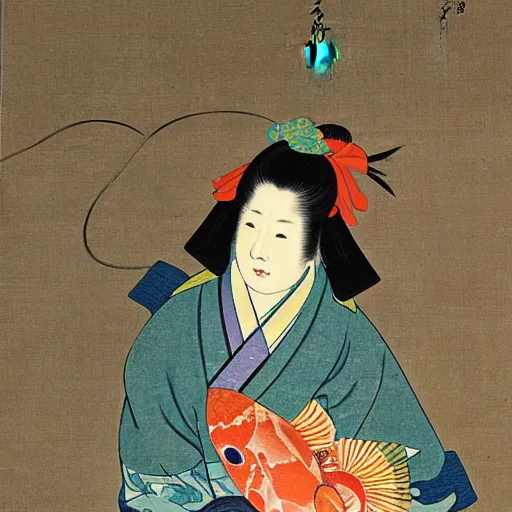 Image similar to painting of a 1 8 th century japanese woman holding a koi fish, colorful, by goshun matsumura, by toyohiko okamoto, by keibun matsumura