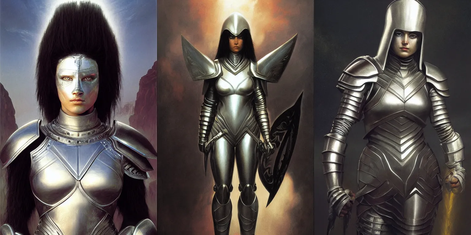 Prompt: beautiful female warrior, half body portrait, black hair, light silver armor, by Thomas Cole and Wayne Barlowe and Boris Valejo