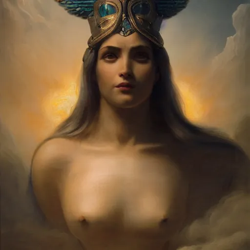 Image similar to Birth of Athena from the head of Zeus, hyperrealism, no blur, 4k resolution, ultra detailed, style of Jonathan Solter, Peter Mohrbacher, Alexander Trufanov, Finnian MacManus, Frank Frazetta, Albert Bierstadt