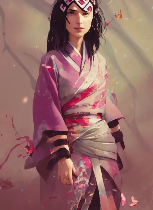 Image similar to gal gadot as nezuko from demon slayer ねずこ wearing floral kimono by artgem by greg rutkowski trending on artstation