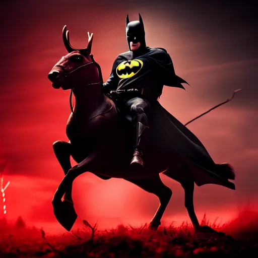 Image similar to batman riding red deer in battlefield, dark, cinematic lighting, chaotic, wide shot, photorealistic, photograph