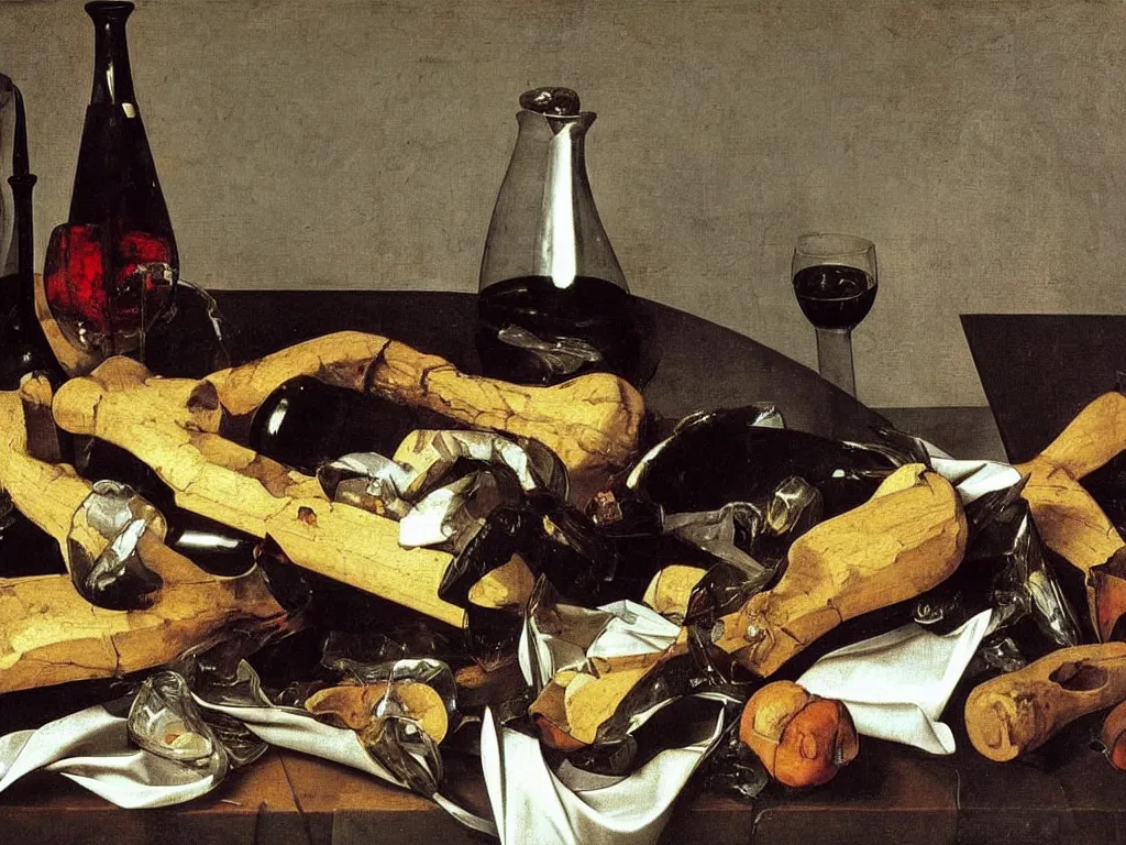 Image similar to by Michelangelo Merisi da Caravaggio Still Life with broken shattered and whole wine bottles