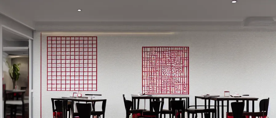 Image similar to a beautiful simple interior render of small roasted string hotpot restaurant restaurant yan'an, wall corner, from china, red paper wall and white tile floor, rectangle white porcelain table, black chair, fine simple delicate structure, chinese style, simple composition, simple style structure decoration design, victo ngai, 4 k hd