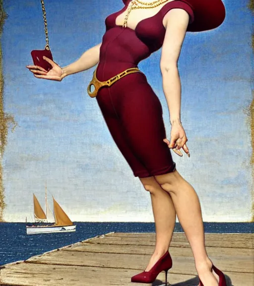 Prompt: a beautiful silicone lady standing on a wharf at the edge of the sea as a magic the gathering card by gil elvgren and william blake and norman rockwell, crisp details, hyperrealism, smiling, happy, feminine facial features, stylish navy blue heels, gold chain belt, cream colored blouse, maroon hat, windblown, holding a leather purse