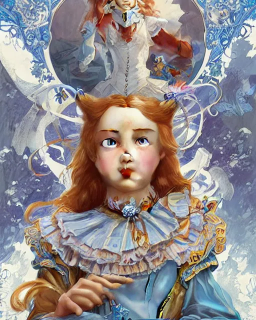 Image similar to movie poster of \'alice in wonderland\', wearing blue and white armor, fantasy, intricate, elegant, highly detailed, digital painting, artstation, concept art, smooth, sharp focus, illustration, art by Fernanda Suarez and Artem Demura and alphonse mucha