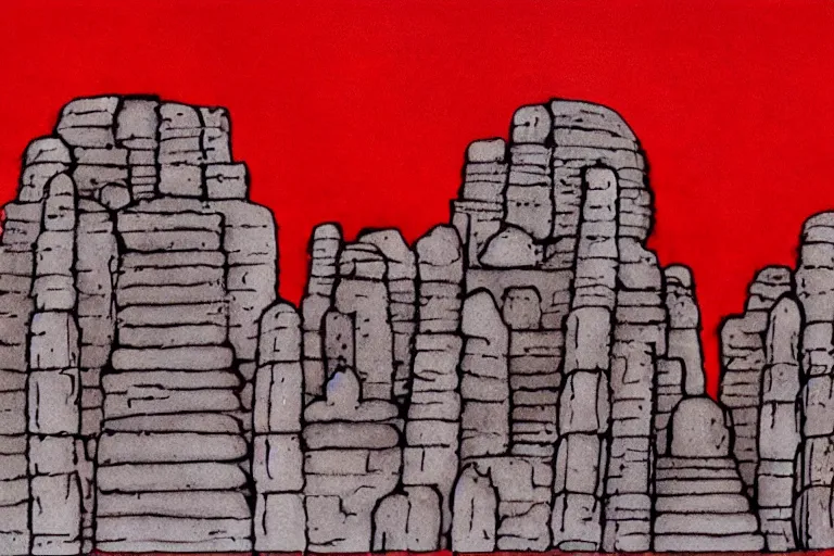 Prompt: ancient martian architecture, minimalistic red and ink airbrush painting on white background