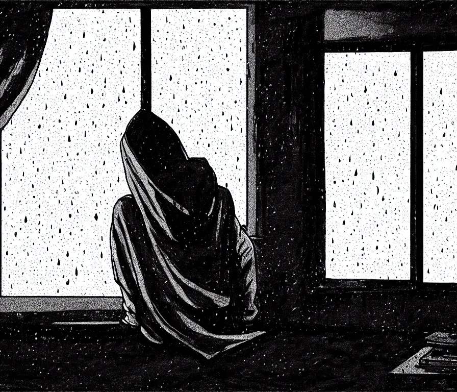 Image similar to sadie sink in hoodie sits on windowsill, knees tucked in | rain falls at night : b & w storyboard drawing, scifi cyberpunk. by gabriel hardman, joe alves, chris bonura. cinematic atmosphere, detailed and intricate, perfect anatomy