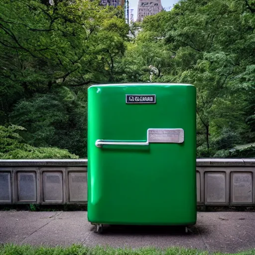 Prompt: green refrigerator on a leash in central park