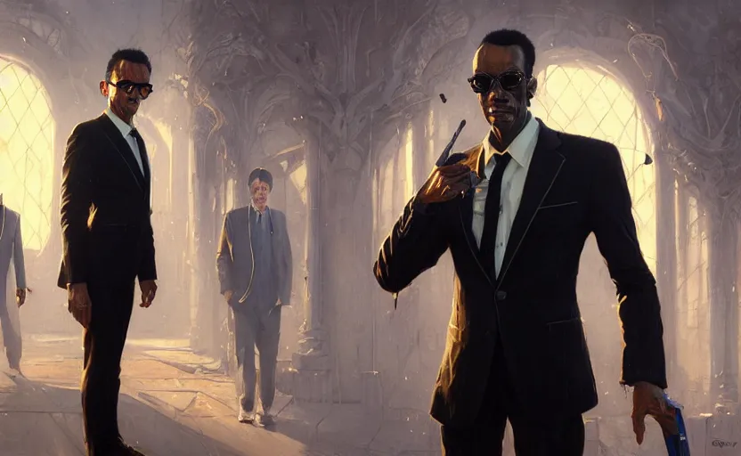 Image similar to highly detailed portrait of men in black, in resident alien, stephen bliss, unreal engine, fantasy art by greg rutkowski, loish, rhads, ferdinand knab, makoto shinkai and lois van baarle, ilya kuvshinov, rossdraws, tom bagshaw, global illumination, radiant light, detailed and intricate environment