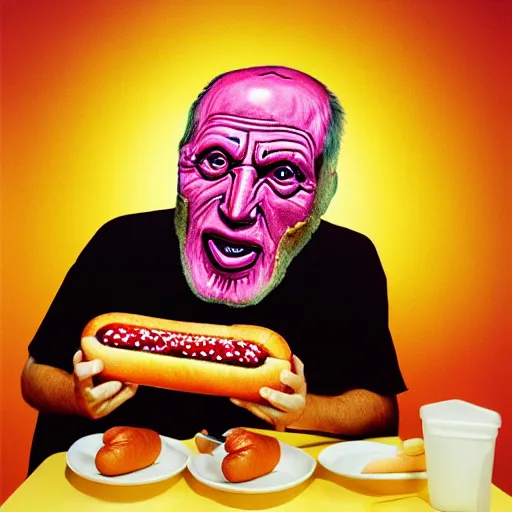 Image similar to Colour Photography of 1000 years old man that eating hot-dog with highly detailed 1000 years old face in style of Josan Gonzalez