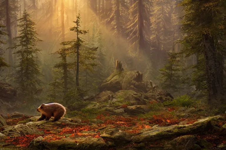 Image similar to a beaver standing in the forest, beautiful dynamic lighting, cinematic, wide angle establishing shot, extremely high detail, photo realistic, cinematic lighting, post processed, concept art, artstation, matte painting, style by frederic church, raphael lacoste, unreal engine 8k