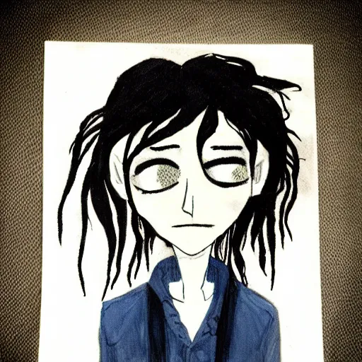 Image similar to young man portrait, black hair, skinny, sleep deprived, corpse bride art style