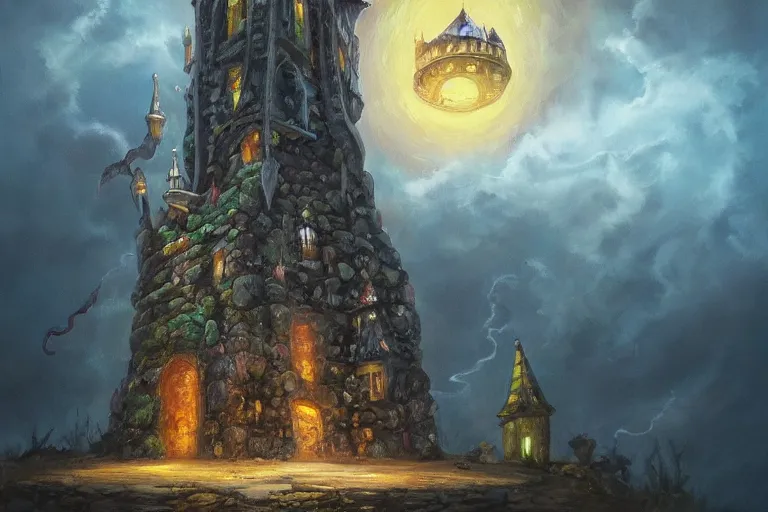 Prompt: oil painting of a sorcerer's magical tower, dark tones, bright flash, ant's eye view, ground view, intricate magic details, wizard tower, bursting with magic, trending on artstation cgmatter deviantart, ground ant perspective, looking up