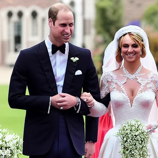 Image similar to detailed close up photos of prince william marrying britney spears, wedding photos on instagram, official photos, wedding photo, wedding portrait, wedding