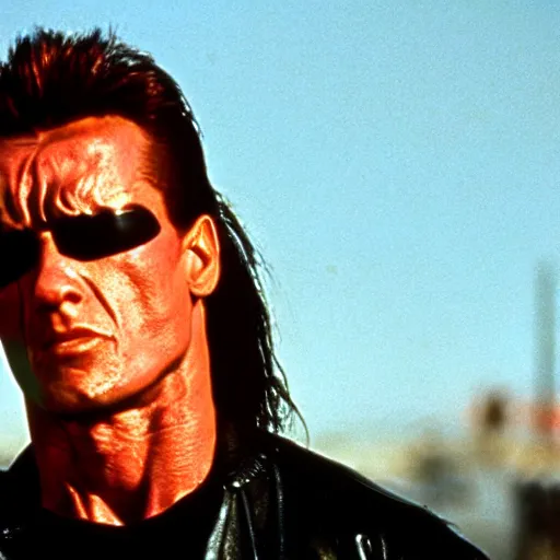 Image similar to cinematic still from terminator 2 : judgement day with the terminator played by sylvester stallone