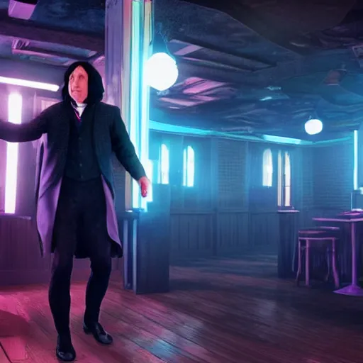 Image similar to Severus Snape dances in a bar, neon, realistic, full body, very detailed, super realistic dramatic view