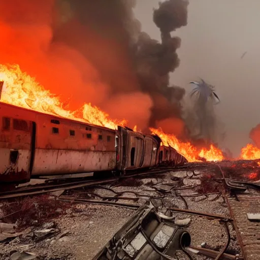 Image similar to a person at a trainwreck, devastation on the railroad, atmospheric smoke and fog, fire and flames, post-apocalyptic, Cinematic horror, high detail, 4k