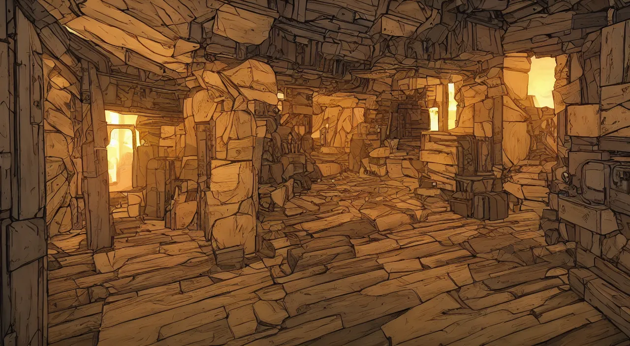 Image similar to wood wall fortress greeble block amazon jungle portal door unknow world global illumination ray tracing ambiant torch fornite that looks like it is from borderlands and by feng zhu and loish and laurie greasley, victo ngai, andreas rocha, john harris