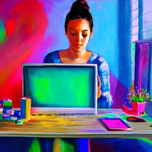 Prompt: realistic painting portrait of a woman programming a computer, colorful computer screen, home office, colorful toys all over the floor, piano in the background, cosy, serene, morning light, detailed painting, vivid colors, solid color background