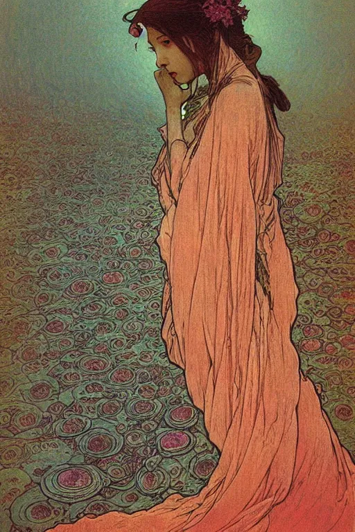 Image similar to alphonse mucha meet beksinski, japanese woman