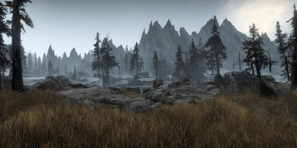 Image similar to a landscape of skyrim, unreal engine 5, photorealism