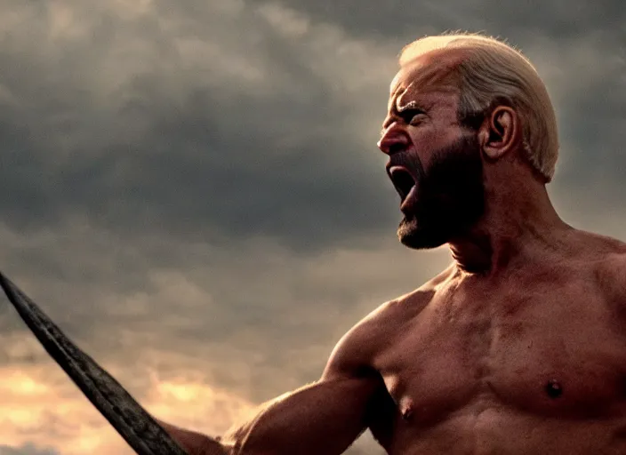 Image similar to film still of joe biden as leonidas shouting in 3 0 0 movie, 8 k, epic moody sky, dramatic lighting