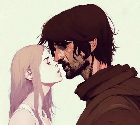 Image similar to portrait of aragorn kissing arven by atey ghailan, by greg rutkowski, by greg tocchini, by james gilleard, by joe fenton, by kaethe butcher, dynamic lighting, gradient light blue, brown, blonde cream and white color scheme, grunge aesthetic