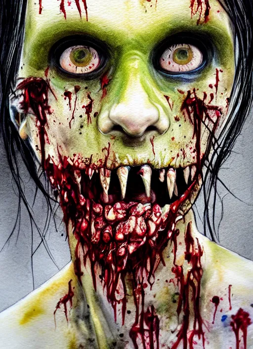 Image similar to zombie hollywood professional acting headshot, hyperrealism, intricate detailed, studio lighting, charming expression gesicht, hauntingly beautiful zombie, watercolor art, drawn and painted, colored layers, dulled contrast, exquisite fine art, splatterpaint