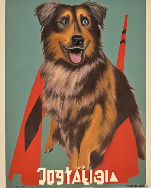 Prompt: soviet propaganda poster of an australian shepherd soldier, soviet art