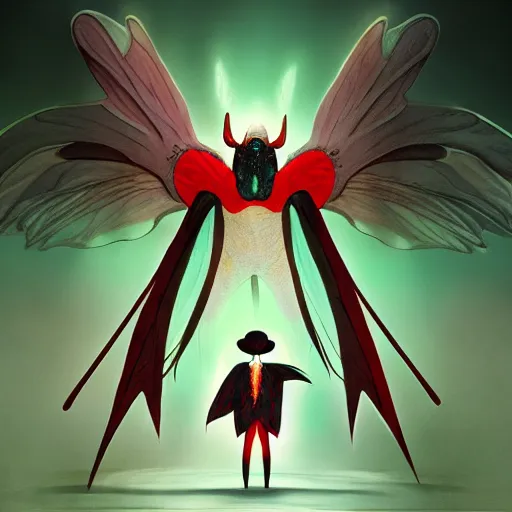 Image similar to 4K headshot of mothman with a mushroom hat and rouch clothes with giant wings , intricate face , flawless anime cel animation by Manabu Oshashi and Satoshi Kon, professionally post-processed , beautiful, scary, symmetry accurate features, epic, octane rendered, anime masterpiece, accurate