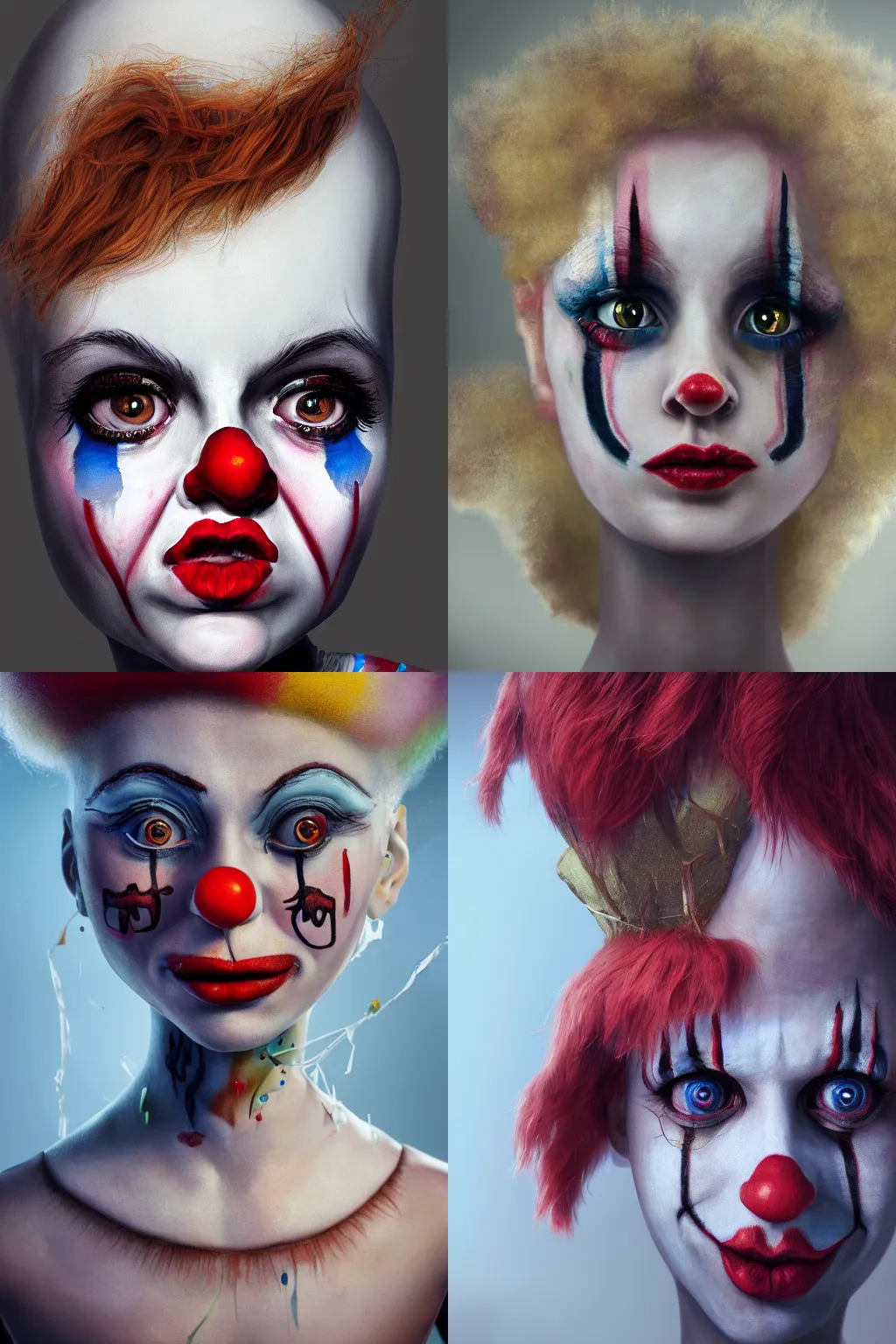 Prompt: breathtaking detailed painting of clown girl ,piercing eyes, hyperrealistic, octane render, ambient light, dynamic lighting